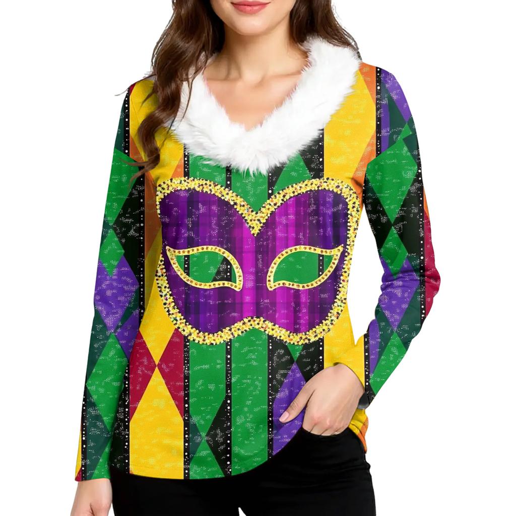 Dámský volný ležérní top s dlouhým rukávem a potiskem, plyšový límec ve tvaru V, top s dlouhým rukávem