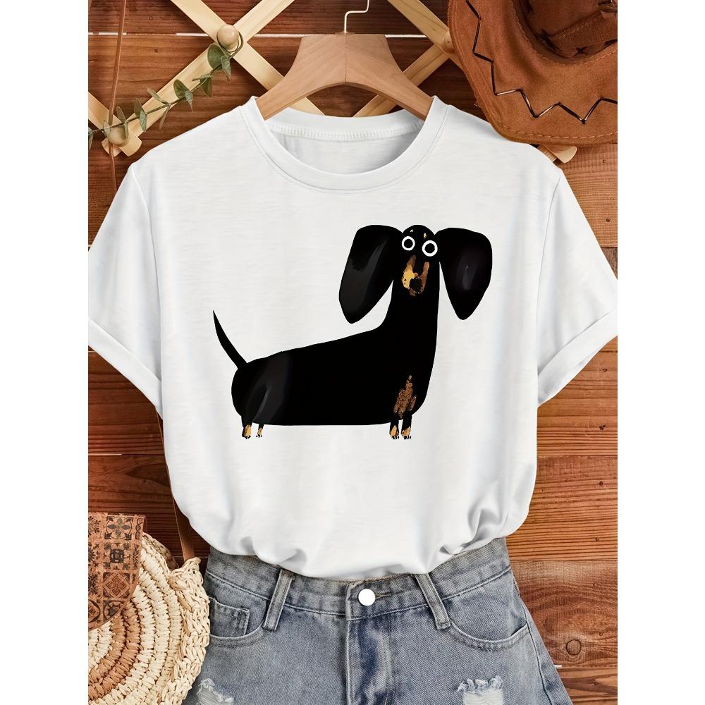 Cute Black Sausage Dog Funny Printed Women's T-shirt Short Sleeve Crew Neck Top for Summer Women's Clothing