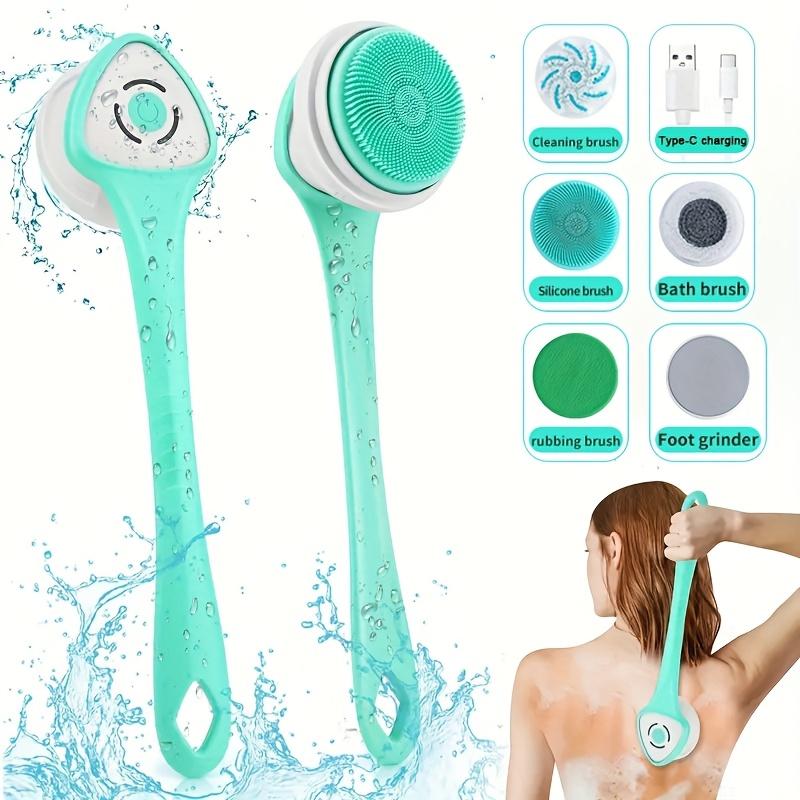 6-in-1 Rechargeable Electric Shower Brush Set for Full Body & Back - USB Powered  Detachable Long Handle & Exfoliating Silicone Brush