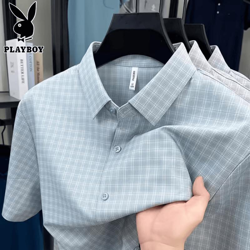 PLAYBOY Men s Summer Ice Silk Plaid Short Sleeve Shirt 50