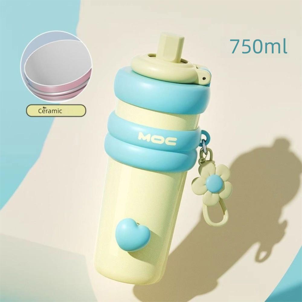 750ml Insulated Cup Large Capacity Ceramic Inner Liner Straw Cup with Flower Pendant Dustproof Vacuum Cup for Women Girls