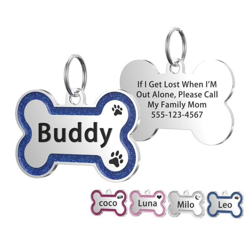 Double Side Dog Cat ID Tag Glitter Dogs Cats Name Pendant Tags Pet Collar Accessories Anti-lost Bone Tags for Small Dog Cat