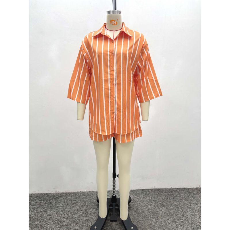 

Western Style New Fashion Loose Stripe Shirts Shorts Set Shirt and Shorts Suit Set Orange XXL