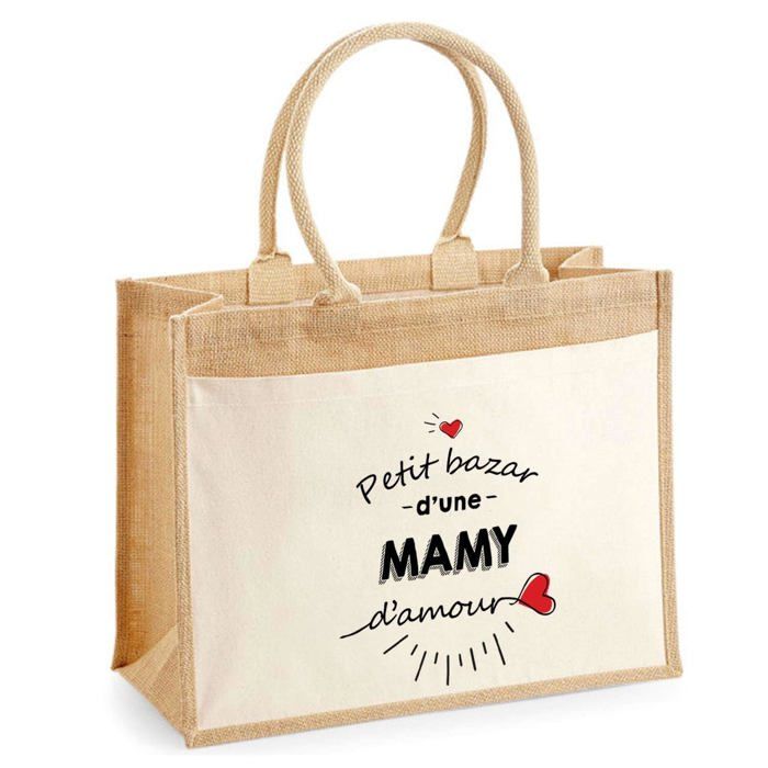 Sac de plage - PLANETEE - Jute avec poche "Bazar d'une Mamy d'amour" - Coton naturel - Bandoulière solide - 43x33 cm