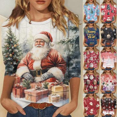 Women's Fashion Casual Seven Sleeve Christmas Printed Round Neck T-Shirt Top