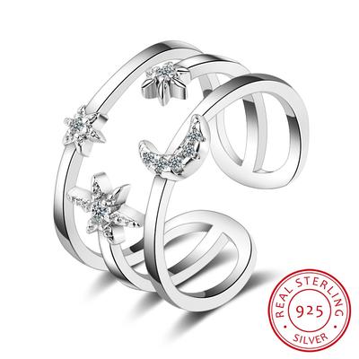 100% Real Pure 925 Sterling Silver Crystal Moon Star Double Layer Rings for Women Ladies Statement Jewelry Wedding Finger Ring