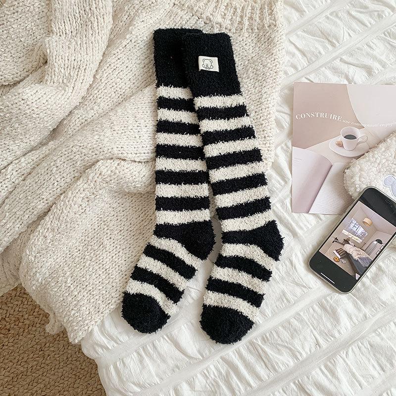 Coral fleece calf socks women's winter thickened thermal floor socks bear cloth label striped stockings sleep socks