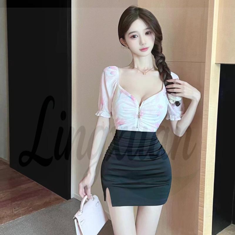 

Summer Sexy Front Zipper Printed Spliced Bodycon Dress Large розовый