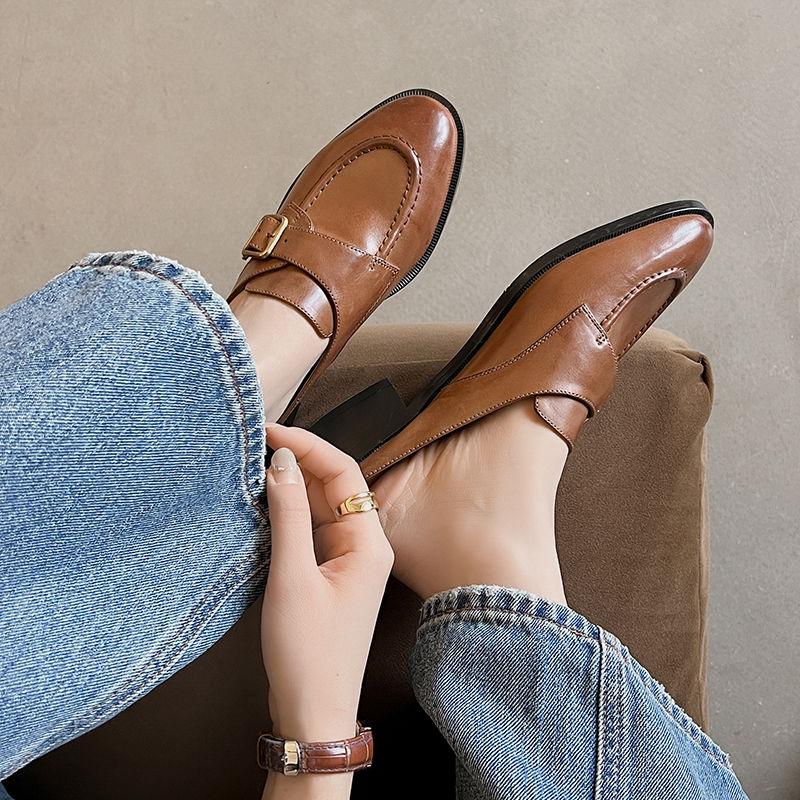 Fashion 2025 Women's New Spring/Summer Retro Round Toe Genuine Leather Sheepskin Headband Comfortable Mid Heel Large Muller Slippers