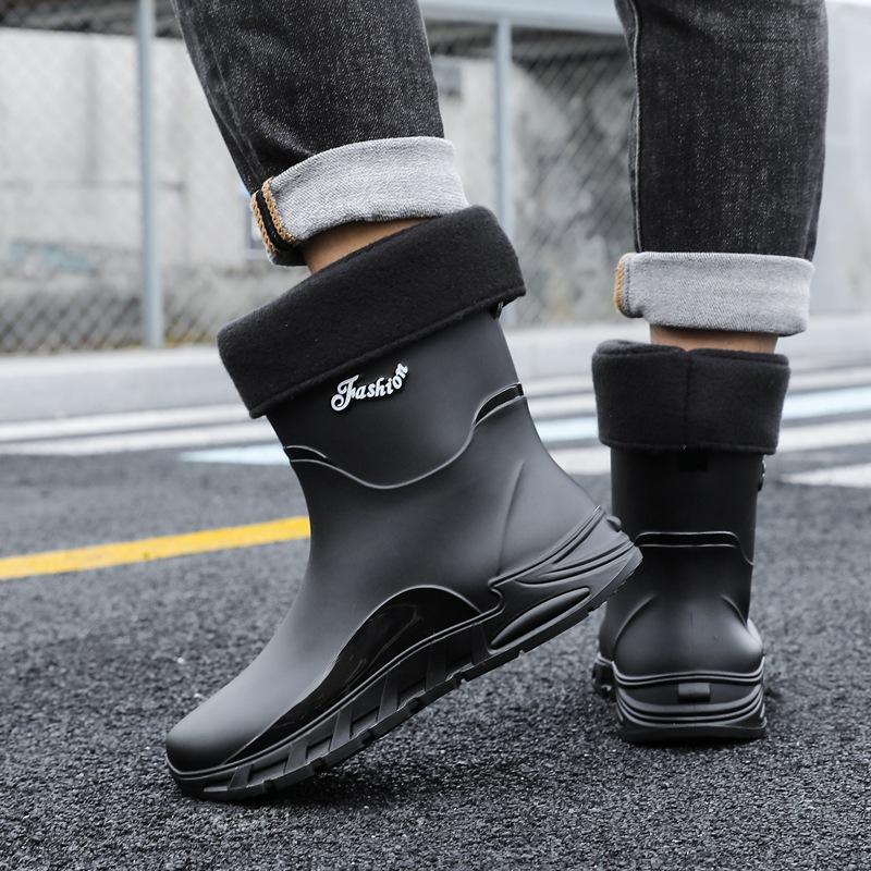 New Rain Shoes Men's Non-slip Men's Medium Tube Velvet Rubber Shoes Kitchen Wear-resistant Fishing Waterproof Rain Boots Fashion Water Shoes