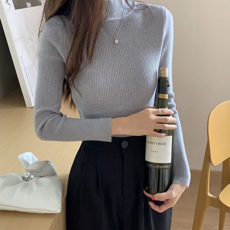 Suéter de cuello alto de otoño e invierno para mujer, Tops Vintage liso básico de punto, Jersey informal ajustado, jerséis simples y elegantes de moda coreana