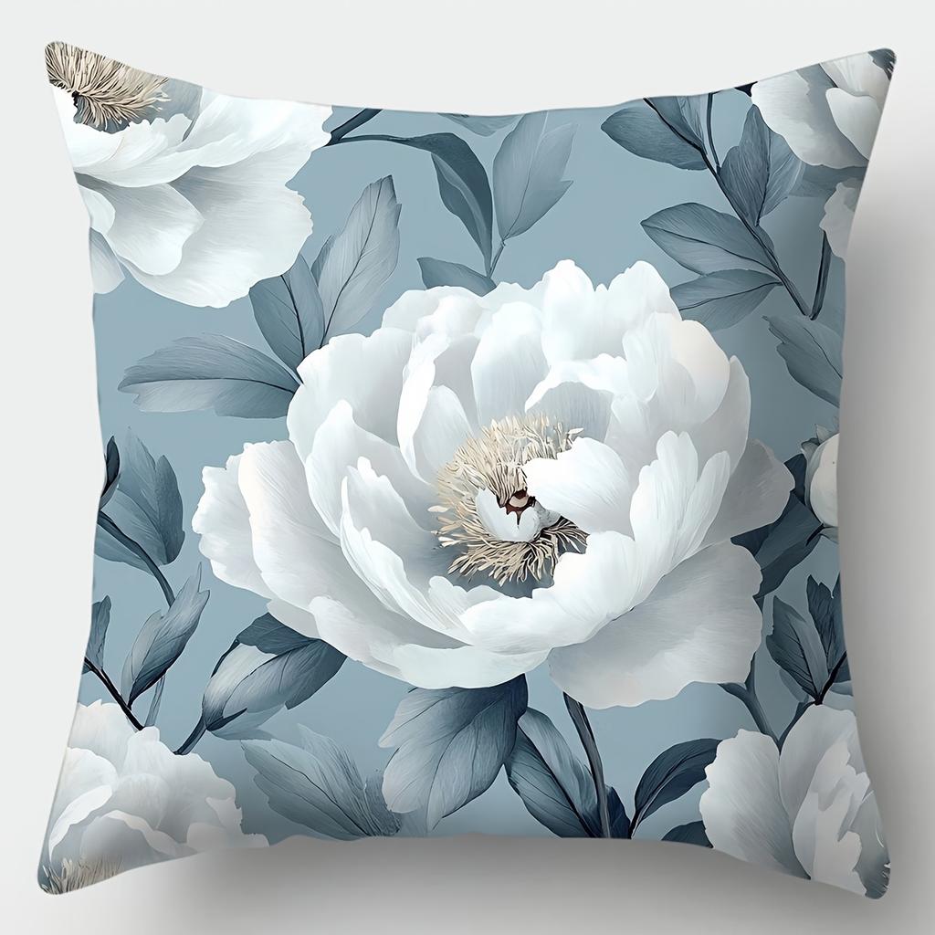 4Pcs Set, Sofa Pillow Cover, Blue Floral Pillowcase, 17.7 Inches * 17.7 Inches, Single-Sided Printing, Home Decoration, Sofa Lum