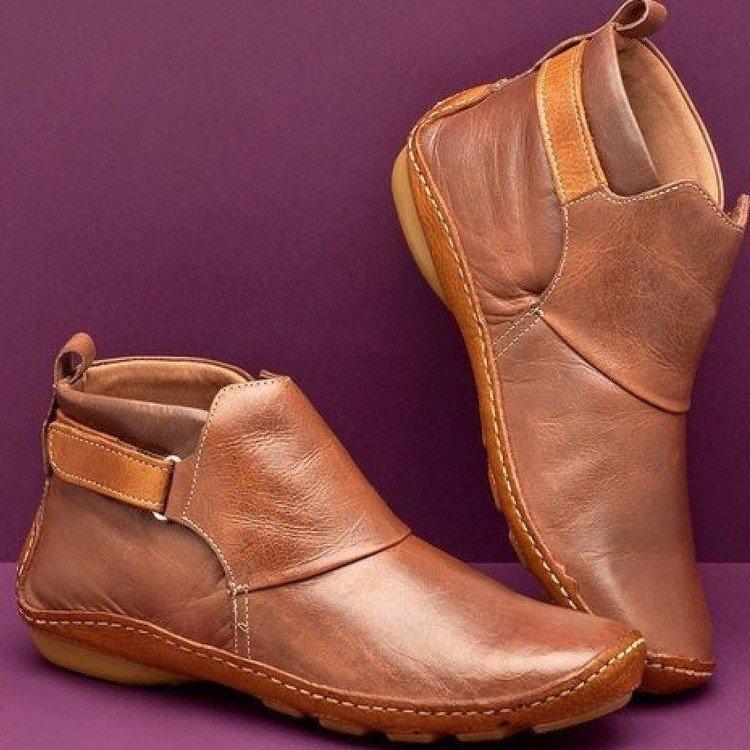 

Autumn and winter women s shoes retro handmade PU leather fashion Velcro flat short boots women 43 коричневий