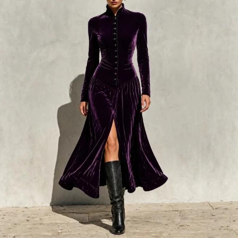 2026 Fall Winter Solid Button Long Sleeve Stand Collar Slit Elegant Dress Women