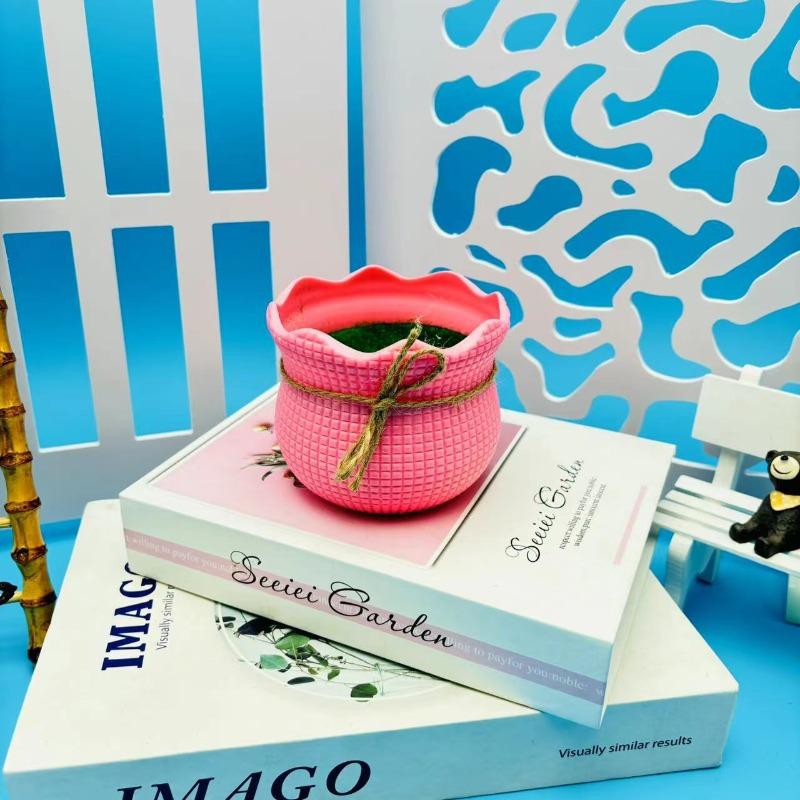 Квадратный слиток Флокированный цветочный горшок Вязаный пластиковый цветочный горшок Плетеный маленький белый горшок Пояс розовый