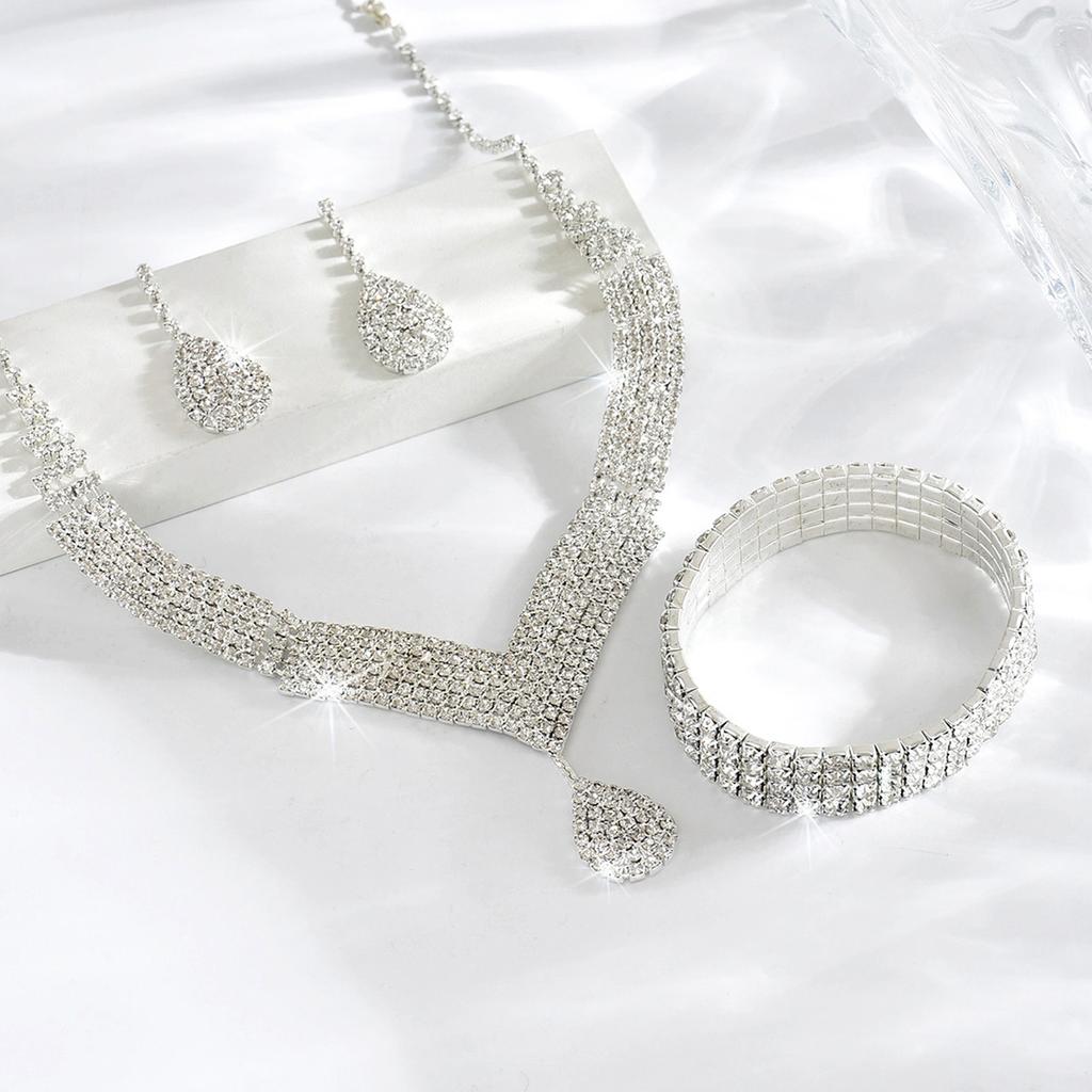 4PC Copper Claw Chain with Full Diamond Earrings, Necklace, Bracelet, Jewelry Set, Women's Wedding Banquet, Festival Gift -9174