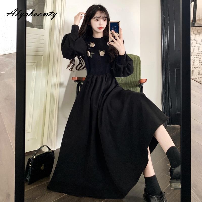 Elegant Fashion Autumn Winter Women Midi Dress O Neck Floral Knitting Corduroy Patchwork Dress Vintage Full Sleeve Warm Dress