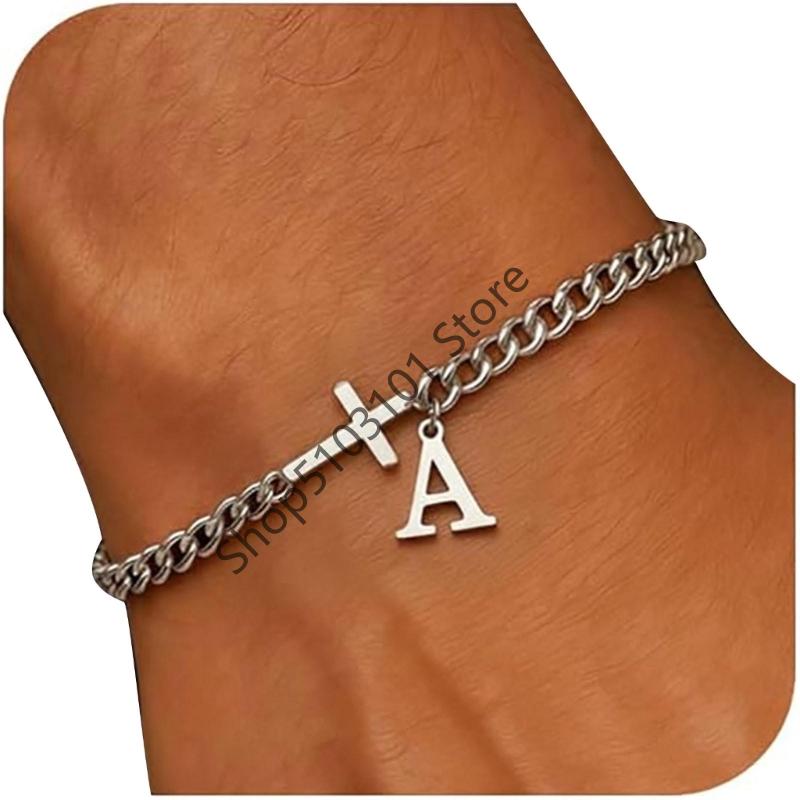 26 Letters Charm Bracelet Stainless Steel A-Z Handchain Adjustable Length for Women Girl Men Gift