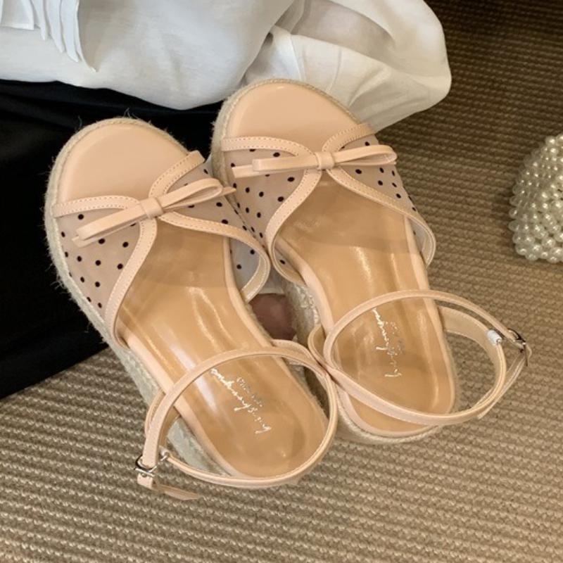 

Fashion Fashion Polka Dot Mesh Bow Wedges Sandals Women Sexy Open Toe Ankle Buckle Slide Sandals Elegant Comfortable Brand Designer Shoe 39 абрикосовый
