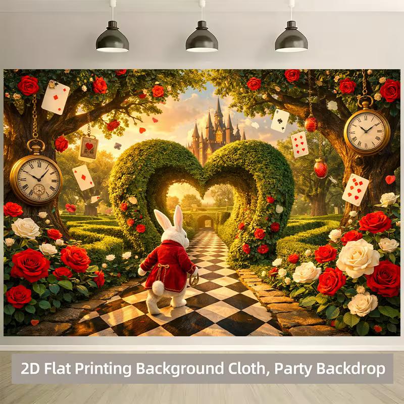 Sfondo 2D Fantasioso Paese delle Meraviglie Coniglio con Castello, Carte & Rose Rosse per Studio & Decorazioni per la Casa