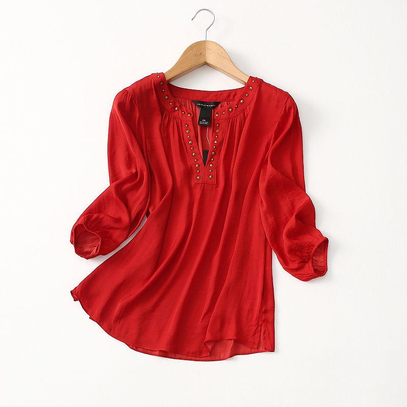 

Export Tail Single Ice Feeling Comfortable V Neck Rivet Loose Satin Chiffon Shirt Women s Summer Thin Acetate Pullover Shirt Red Single size 1/PXL