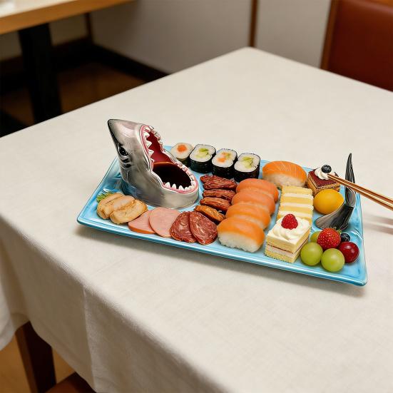 Shark Sushi Plates Handmade Ceramic Shark Shaped Appetizer Tray with Soy Sauce Bowl & Chopstick Rest Microwave & Dishwasher Safe