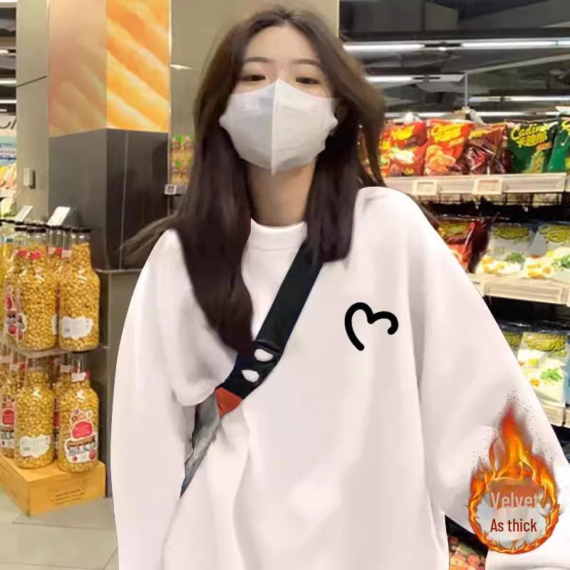 Dámská plus sametová evropská modrá mikina s kulatým výstřihem - Jaro/Podzim 2024 Volný střih top