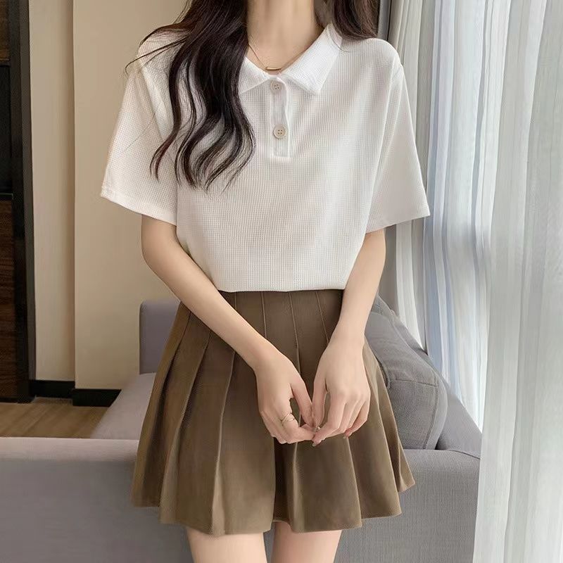 Polo Neck Korean Loose Slim T-shirt for Women's Summer New Waffle Base Shirt Lively Age-reducing Short-sleeved Top
