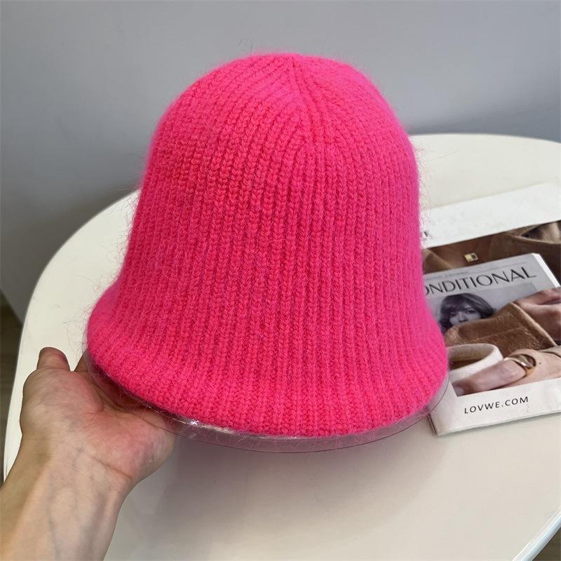 Rabbit hair blended wool knitted vertical striped bucket hat women's autumn and winter warm solid color literary fisherman hat