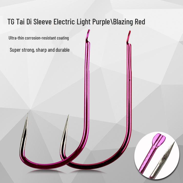 Barbless Black Pit TG Taichi Sleeve Fishing Hooks - Electric Purple Coating TG Taichi Sleeve Red Flame 4#
