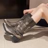 Fashion Women's Retro Cowboy Mid Calf Boots Cowboy Square Heels Pointed Toe Platform Women Chunky Heels Western Pointed Toe Metal Botas