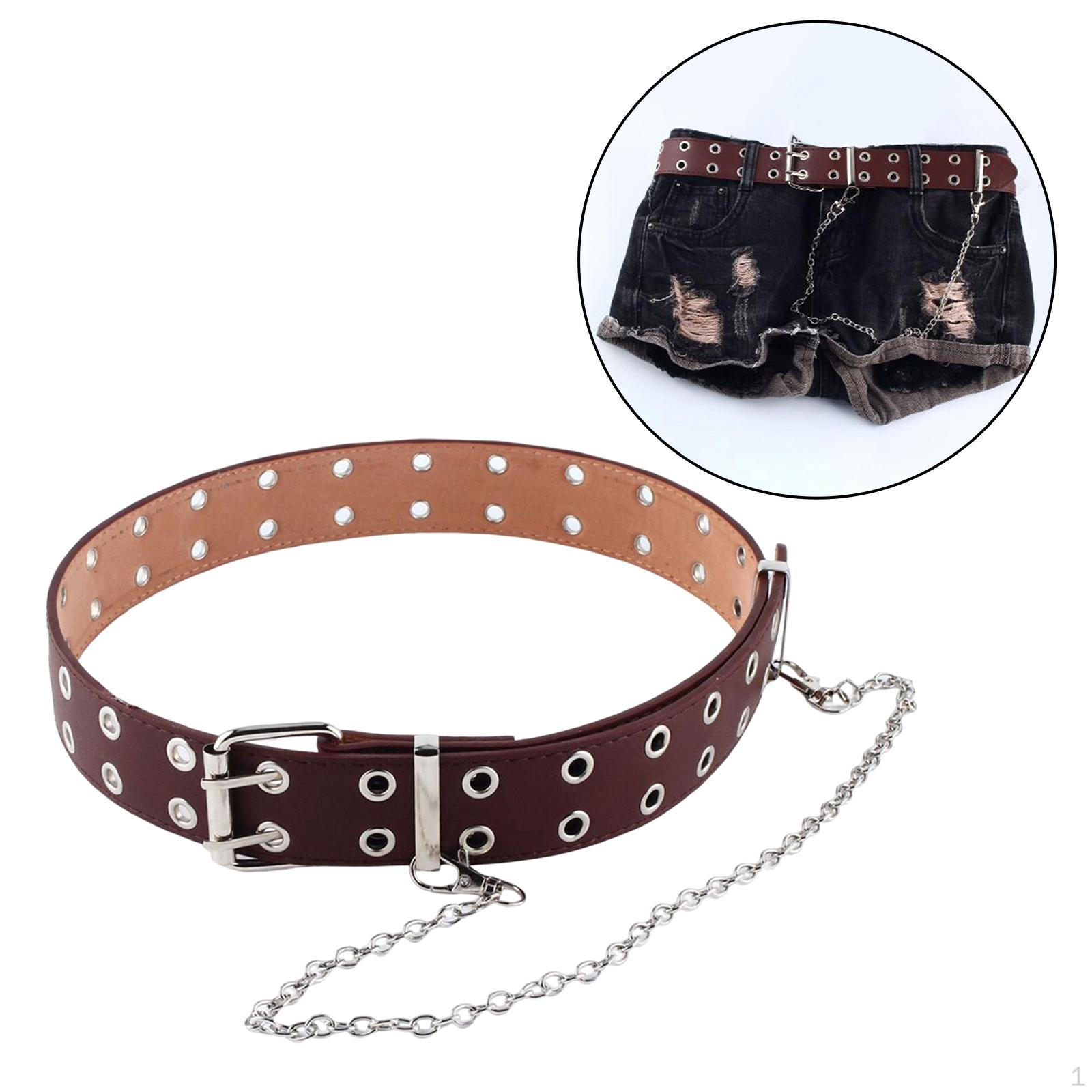 

Модный поясной ремень для одежды с двойным рядом отверстий, съемный, тяжелый металл с цепочкой коричневый