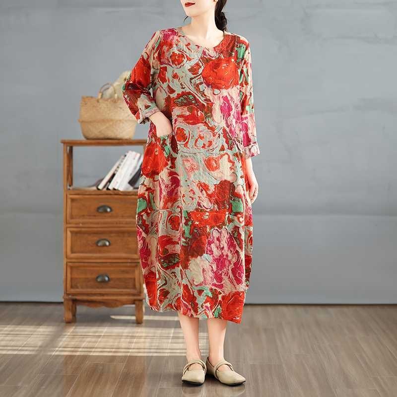 2025 Retro Printed Round Neck Long Sleeve Patchwork Dress Women