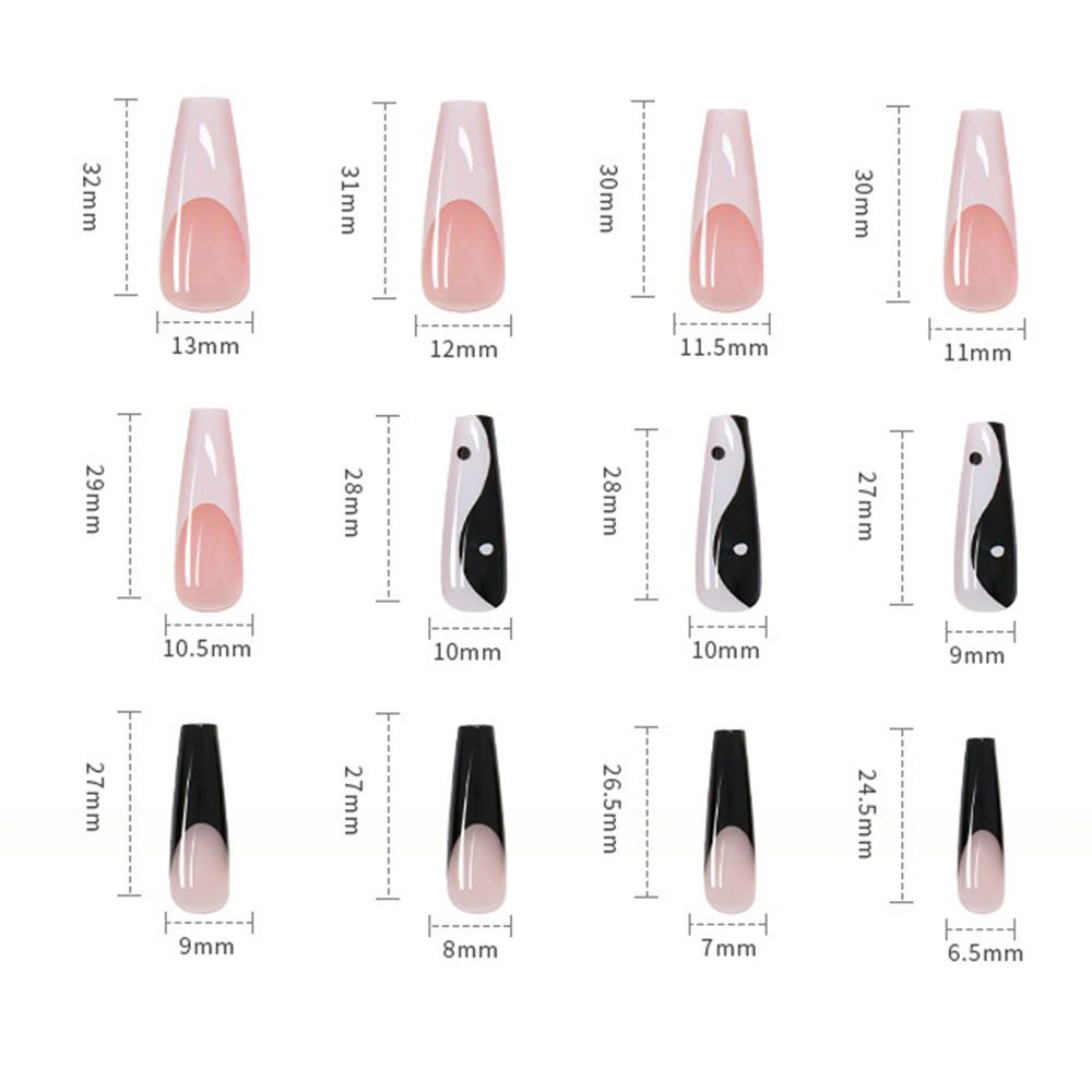 Fake Nails Ballerina False Nail Tips Long Coffin with Taichi Design White and Black Mixed Colors
