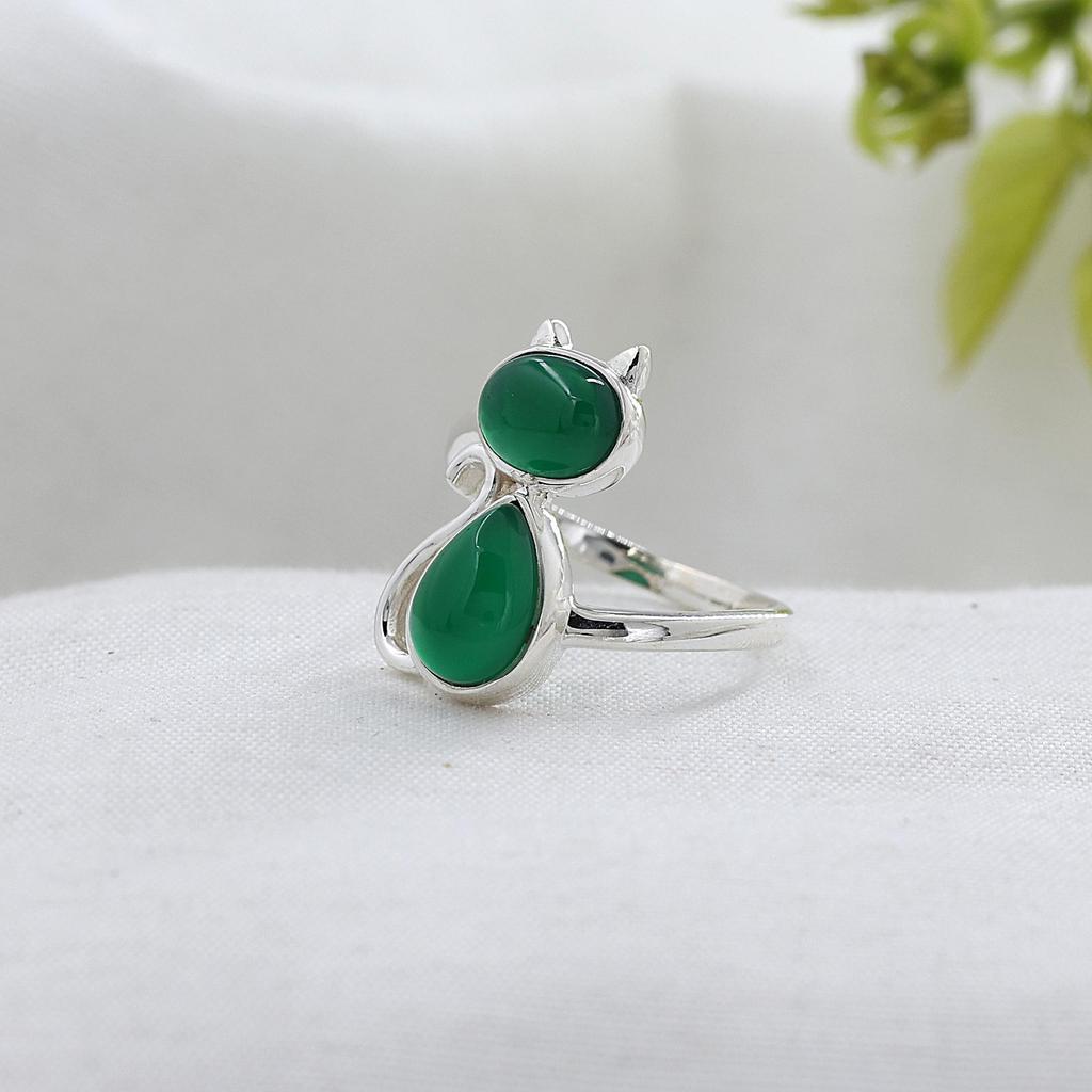 Green Onyx Silver Cat Ring, Gifts For Her, 925 Sterling Silver Handmade Jewelry, Silver Animal Jewelry, Women Ring Ar8926