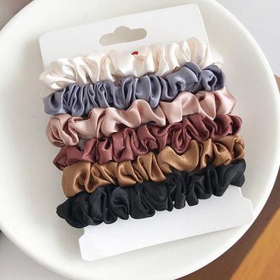 6pcs Women Satin Silk Scrunchies, Black/White/Pink/Blue, Medium Size Hair Ties With Elegance, Retro, Simple And Minimalist Style