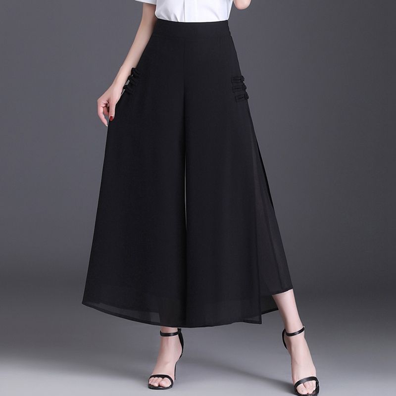 Women's Chiffon Wide Leg Pants Summer Chinese Style Floral Pants Skirt Pants Loose High Waist Retro Pants Skirt