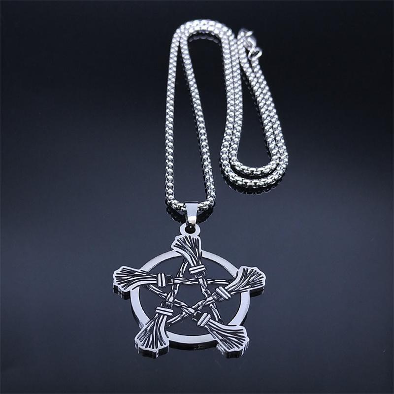 Witchcraft Pentagram Witch Broom Necklace for Women/Men Stainless Steel Wicca Star Necklaces Jewelry Corrente Masculina N3379S02