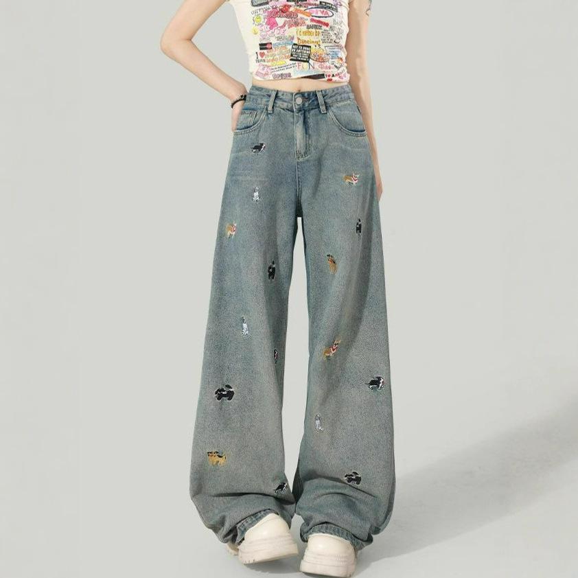 Fashionable Comfortable Fun Puppy Embroidery Jeans Female Retro Autumn Straight Loose High Waist Wide-leg Trousers Jeans for Women Long Denim Pants