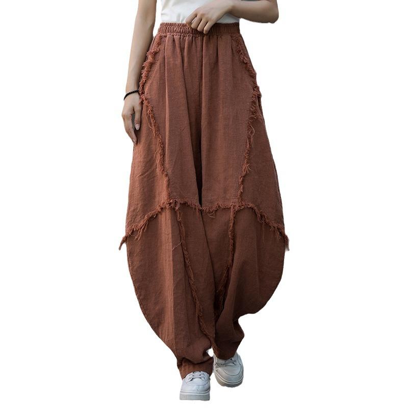 Spring Plus Size Ramie Brushed Lantern Pants, Casual Cotton-Linen Distressed Style for Women