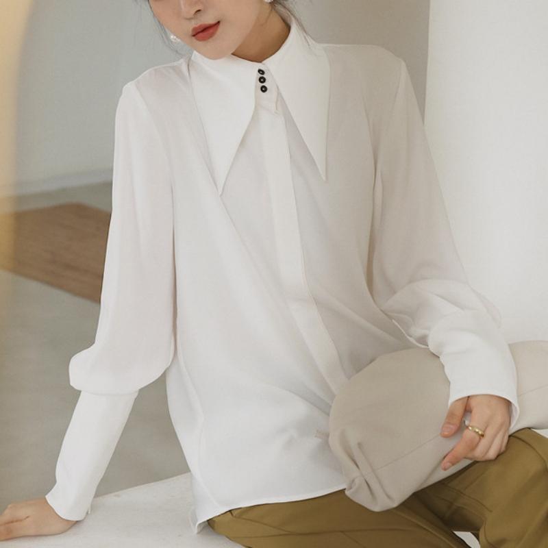 Stylish Elegant Turn Down Collar White Long Sleeve Satin Shirts Fashion Woman Vintage Blouse Office Lady Tops