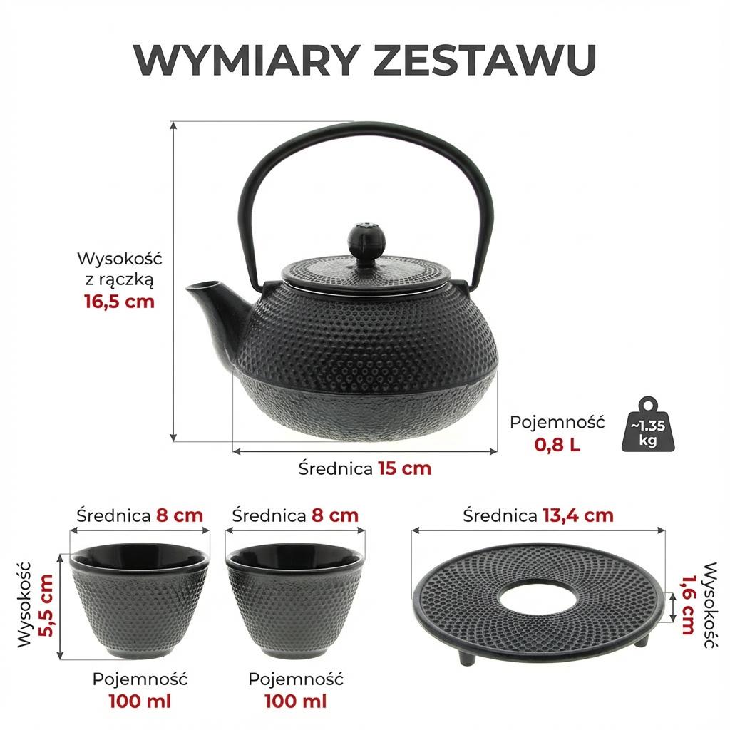 CAST IRON KETTLE 0.8L TEAPOT SET 2x CUPS STAND BLACK