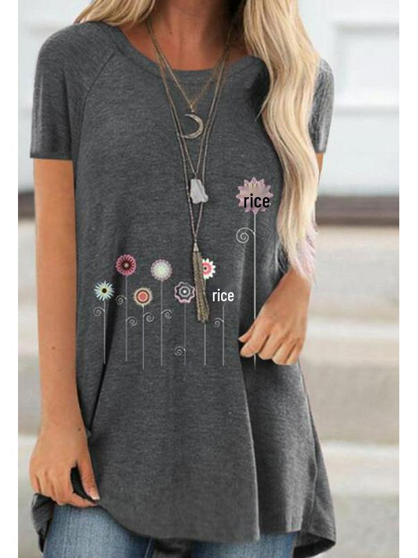 2022 Summer Casual Plus Size Round Neck Solid Color Loose Short Sleeve Printed T-Shirt