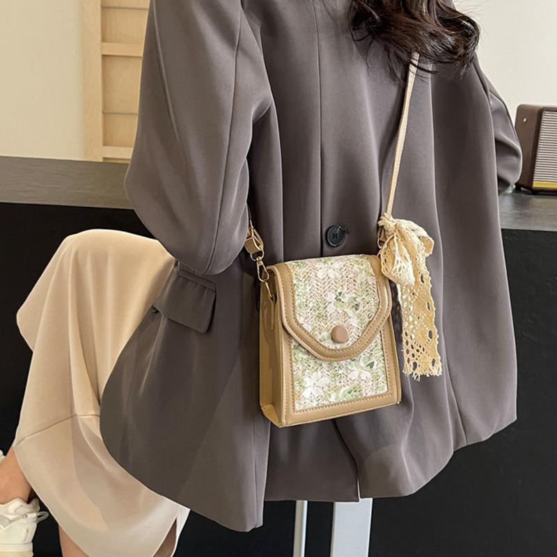 Women Fashion Ladies Bag Simple Floral Straw Messenger Bag Lightweight Crossbody Bag for Summer Beach Holiday AVE