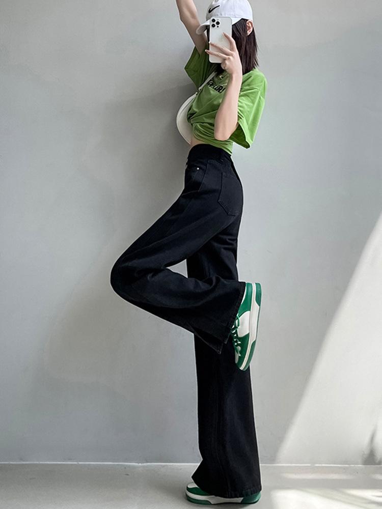 Black split-ended high-waisted wide-leg jeans New spring and autumn design sense niche loose and thin floor pants