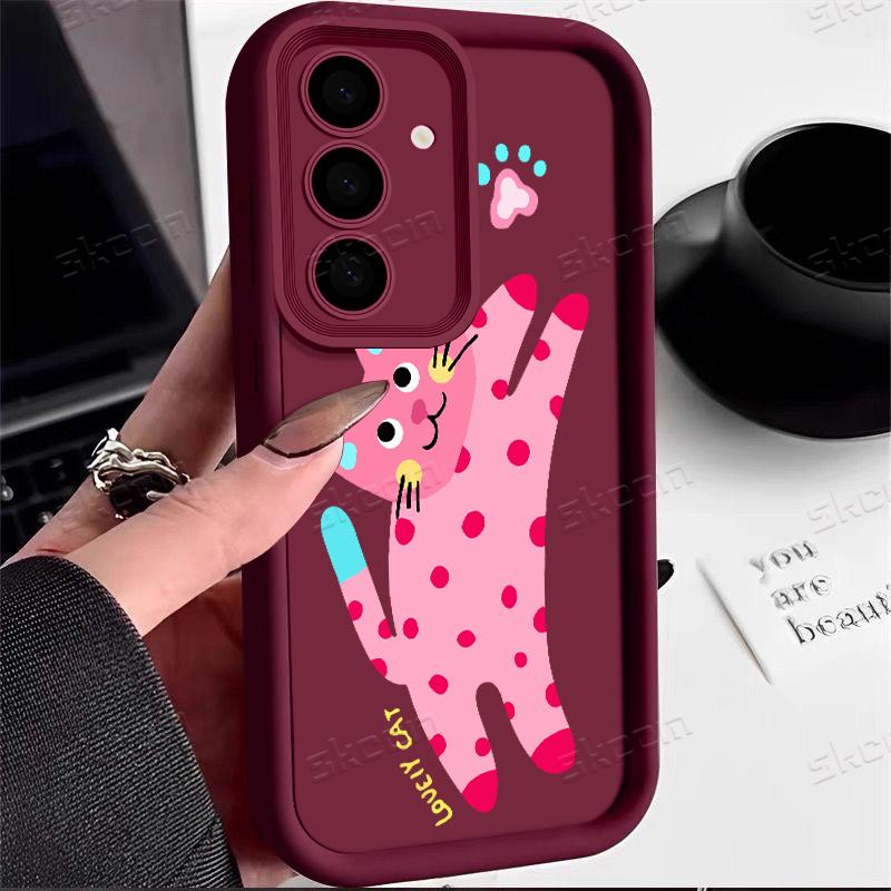 Kawaii Pink Cat Pattern Phone Case For Samsung Galaxy S25 S24 S23 S22 S21 Ultra Plus S20 FE A54 A55 A15 A35 Silicone Soft Cover
