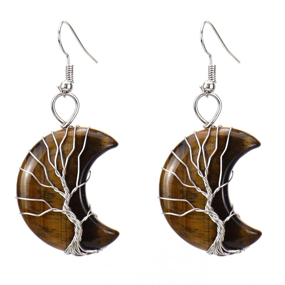 Handcrafted Amethyst Crystal Tree of Life Crescent Moon Earrings