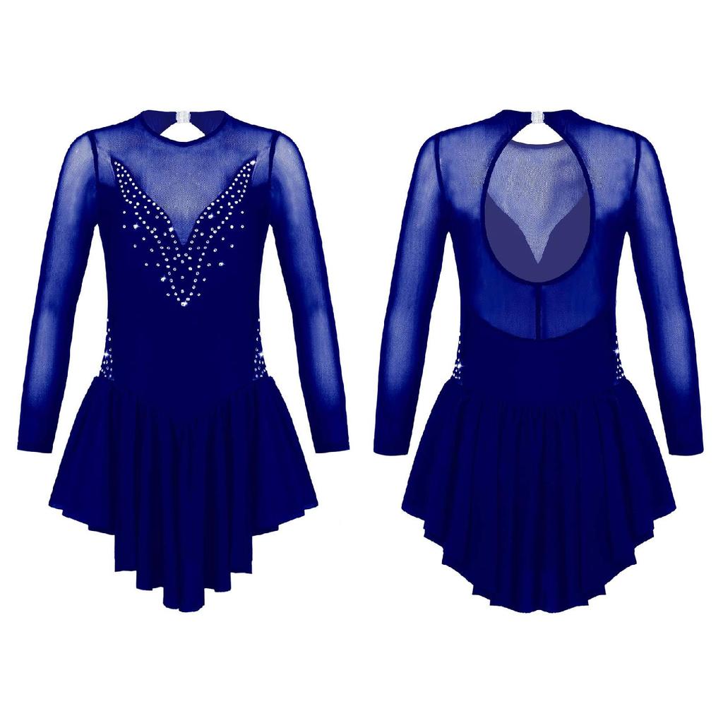 Buy Kids Girls Long Sleeve Shiny Rhinestone Mesh Splice Figure Skating