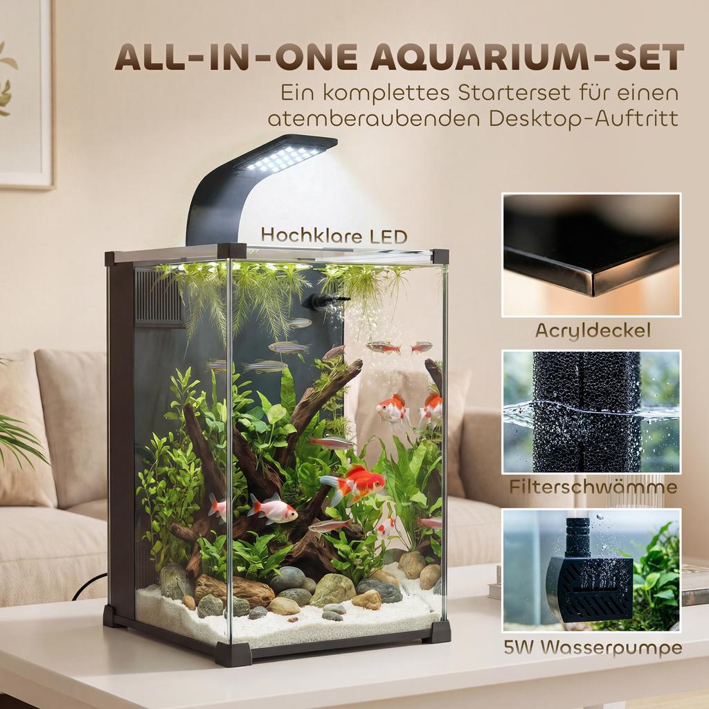 Aquarium Complete Set 36L Nano Aquarium with LED Lighting Filter System Pump Circulation 30 x 30 x 45.5 cm Black