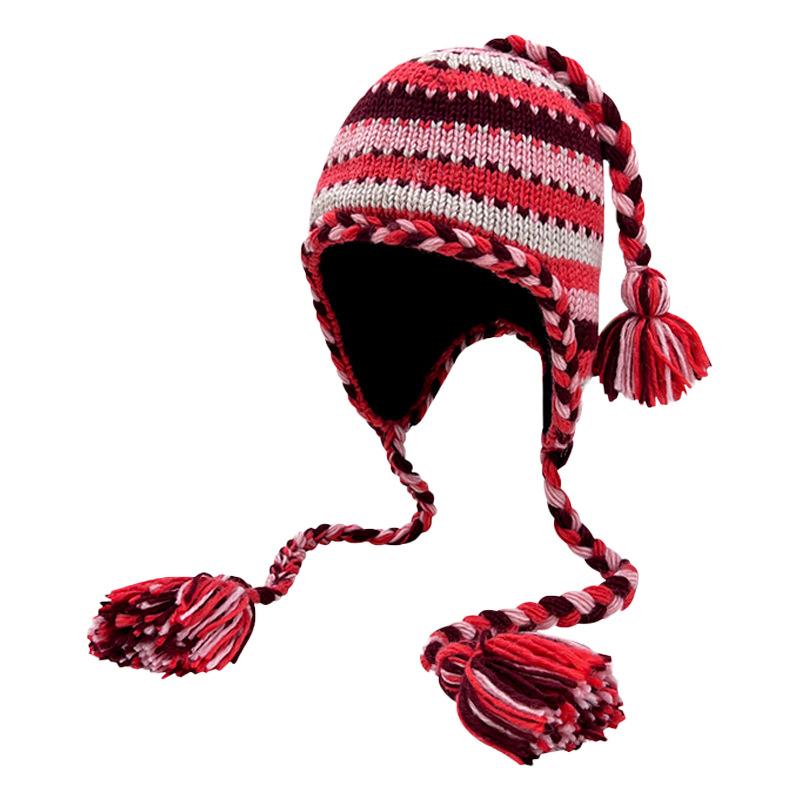 

Ethnic Style Striped Long Braid Knitted Thick Wool Hat for Women In Autumn and Winter New Lace Up Warm Retro Bag Head Hat
